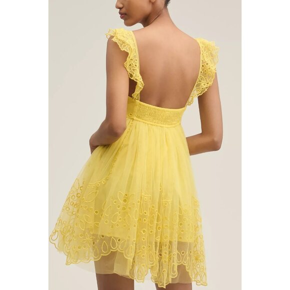 Let Me Be Eyelet Yellow Tulle Mini Dress L - Picture 3 of 4